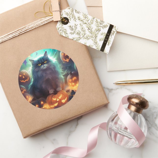 Halloween Siberian Cat With Pumpkins Scary Classic Round Sticker (Gifting)
