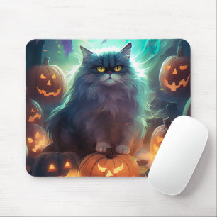 Halloween Siberian Cat With Pumpkins Scary Mouse Pad