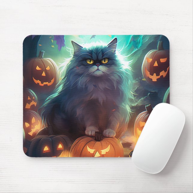 Halloween Siberian Cat With Pumpkins Scary Mouse Pad (With Mouse)