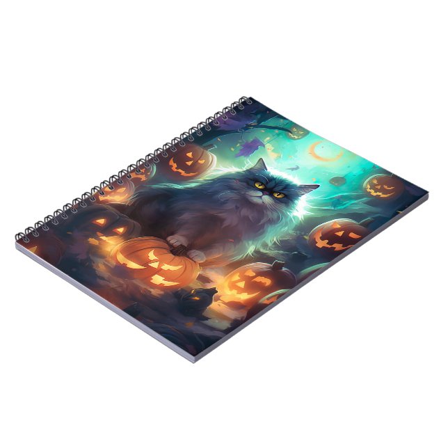 Halloween Siberian Cat With Pumpkins Scary Notebook (Left Side)