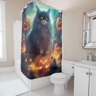 Halloween Siberian Cat With Pumpkins Scary Shower Curtain