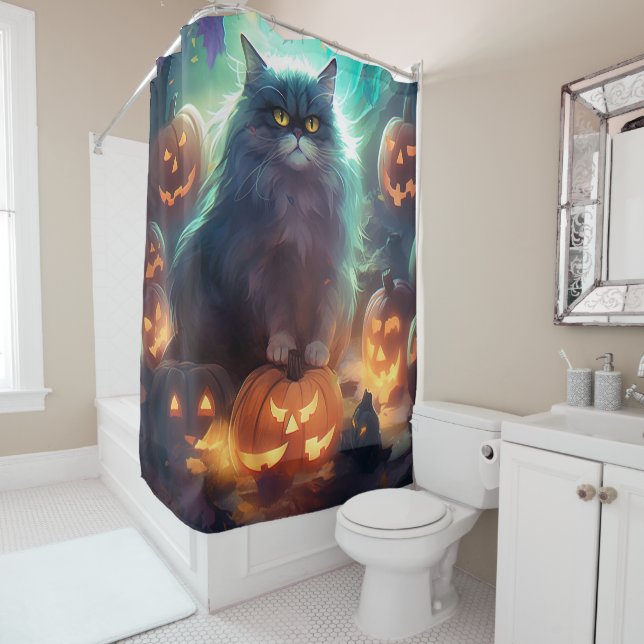 Halloween Siberian Cat With Pumpkins Scary Shower Curtain (In Situ)