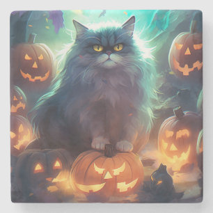Halloween Siberian Cat With Pumpkins Scary Stone Coaster