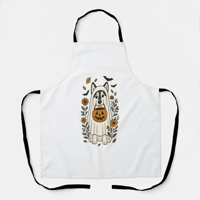 Halloween Siberian Husky Flowers Apron (Front)