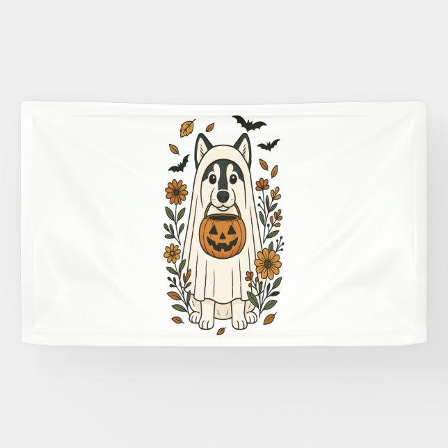Halloween Siberian Husky Flowers Banner (Horizontal)