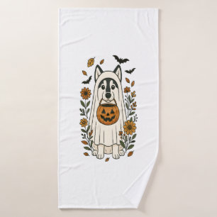 Halloween Siberian Husky Flowers Bath Towel