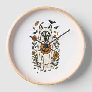 Halloween Siberian Husky Flowers Clock