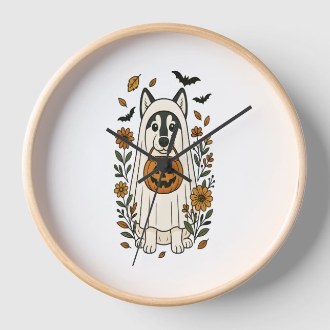 Halloween Siberian Husky Flowers Clock (Front)
