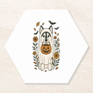 Halloween Siberian Husky Flowers Paper Coaster