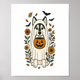 Halloween Siberian Husky Flowers Poster