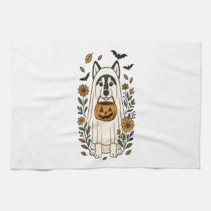 Halloween Siberian Husky Flowers Tea Towel