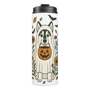 Halloween Siberian Husky Flowers Thermal Tumbler