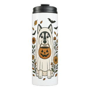 Halloween Siberian Husky Flowers Thermal Tumbler