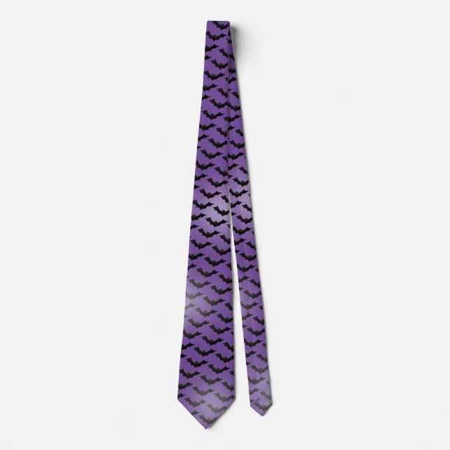 Halloween Silhouette Black Bats Pattern Purple BG Tie (Front)