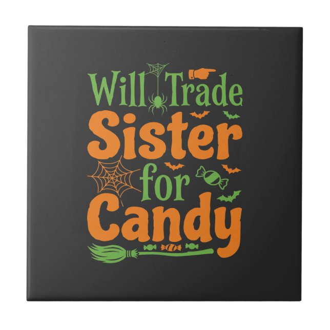 Halloween Sister Candy Trade Design_1 Ceramic Tile (Front)
