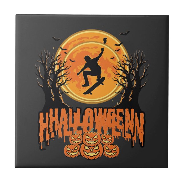 Halloween Skateboard Moon Design Halloween Ceramic Tile (Front)
