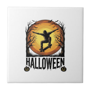 Halloween Skateboard Moon Vintage Vector Design_1 Ceramic Tile