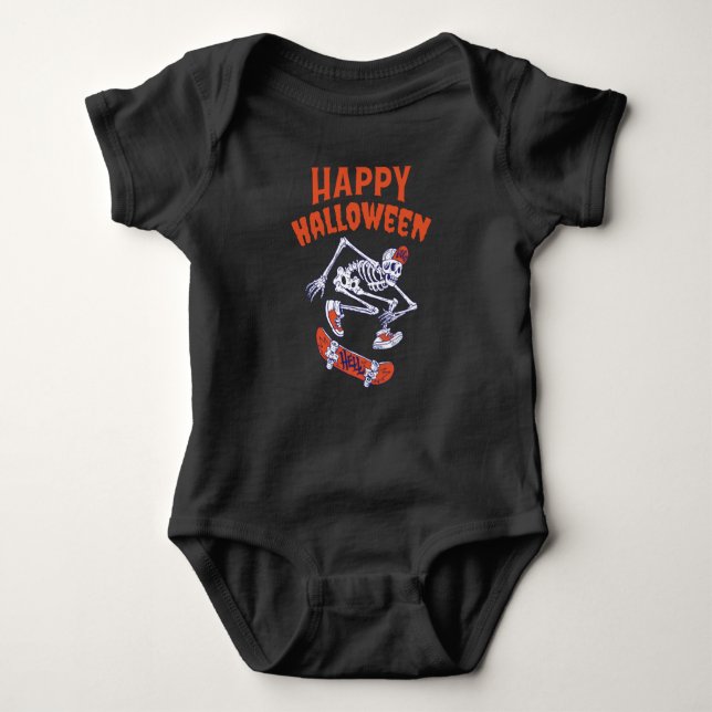 Halloween Skateboard Skeleton Baby Bodysuit (Front)