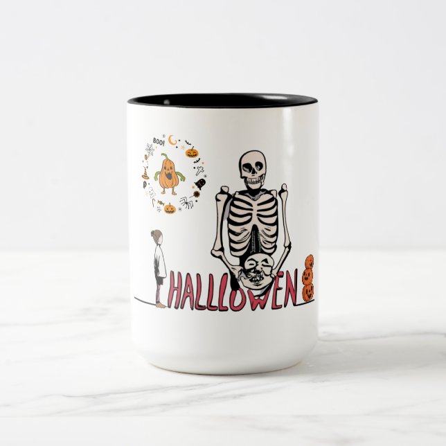 Halloween Skeleton and Pumpkins Two-Tone Coffee Mug (Center)