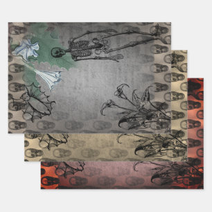Halloween Skeleton and White Calla Lilies Ephemera Wrapping Paper Sheet