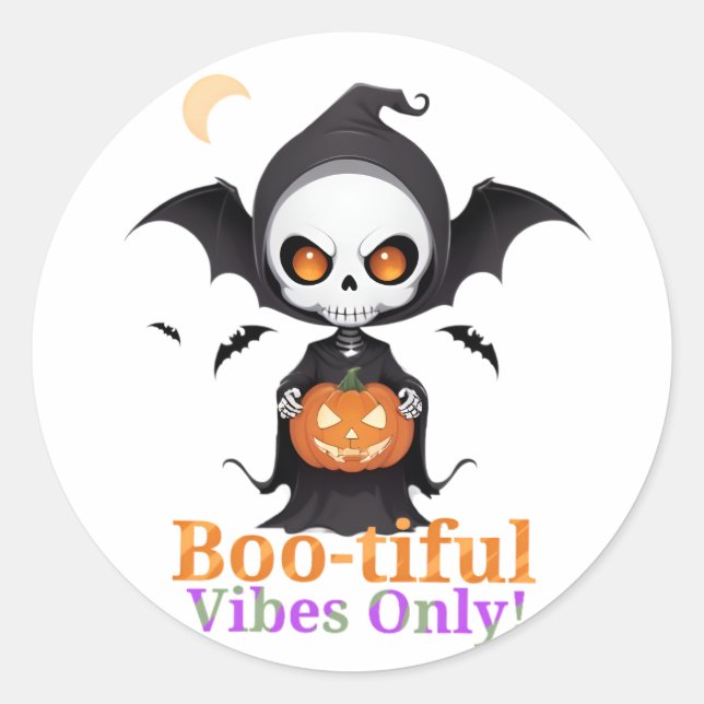 Halloween Skeleton Bat Vibes Classic Round Sticker (Front)