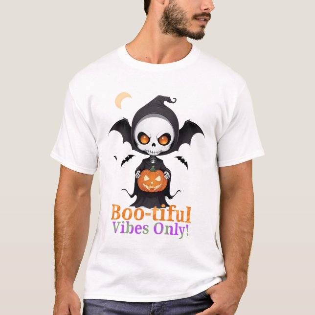 Halloween Skeleton Bat Vibes T-Shirt (Front)