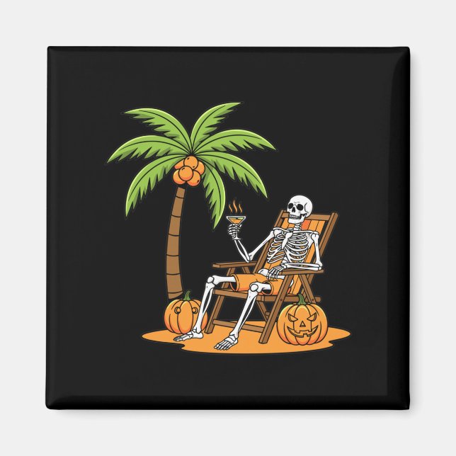 Halloween Skeleton Beach Vacation Palm Tree Pumpki Magnet (Front)