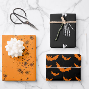 Halloween Skeleton Bones Bats & Spider Webs Orange Wrapping Paper Sheet