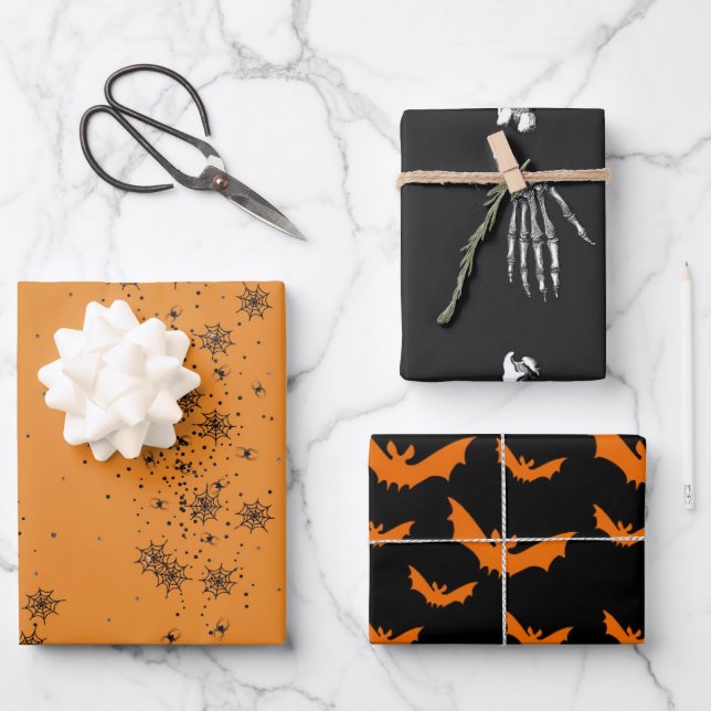 Halloween Skeleton Bones Bats & Spider Webs Orange Wrapping Paper Sheet (Front)