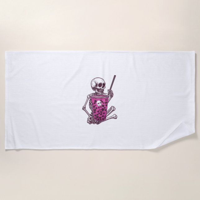 Halloween Skeleton Bubble Tea Beach Towel (Front)