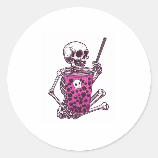 Halloween Skeleton Bubble Tea Classic Round Sticker (Front)