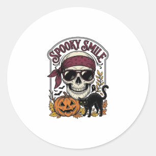 Halloween Skeleton Cat Vintage Pumpkin Graphic_1 Classic Round Sticker