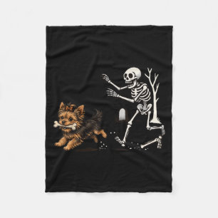 Halloween Skeleton Chasing Yorkie Dog Spooky Pet Fleece Blanket