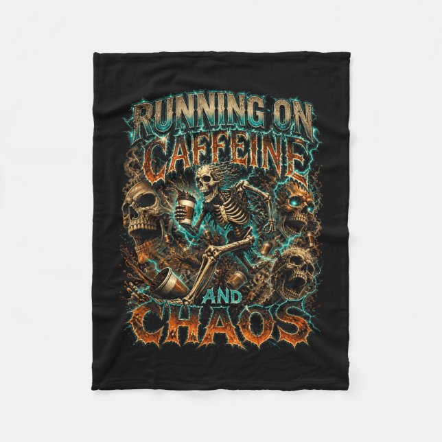 Halloween skeleton coffee running on caffeine fleece blanket (Front)