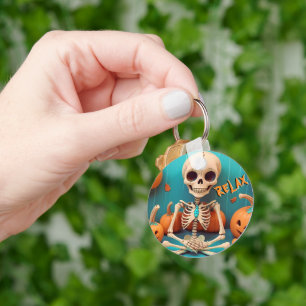 Halloween Skeleton Cute Pumpkin Orange Cyan Text Key Ring