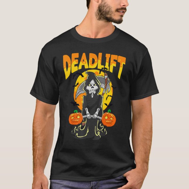 Halloween Skeleton Deadlift Bodybuilder Workout Fi T-Shirt (Front)