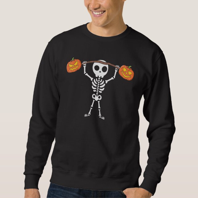 Halloween Skeleton Deadlift Pumpkin Fitness Weight Sweatshirt (Front)
