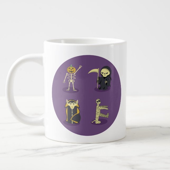 Halloween Skeleton Dracula Mummy Grim Reaper Large Coffee Mug (Left)