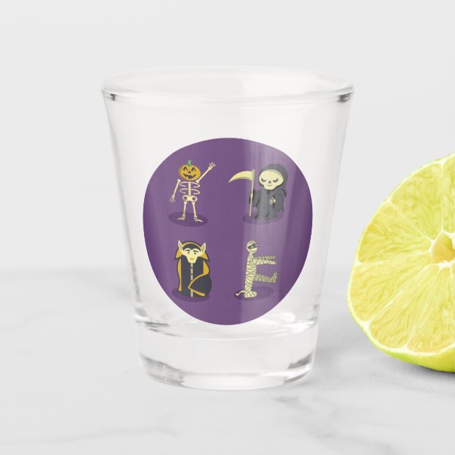 Halloween Skeleton Dracula Mummy Grim Reaper Shot Glass (Front)