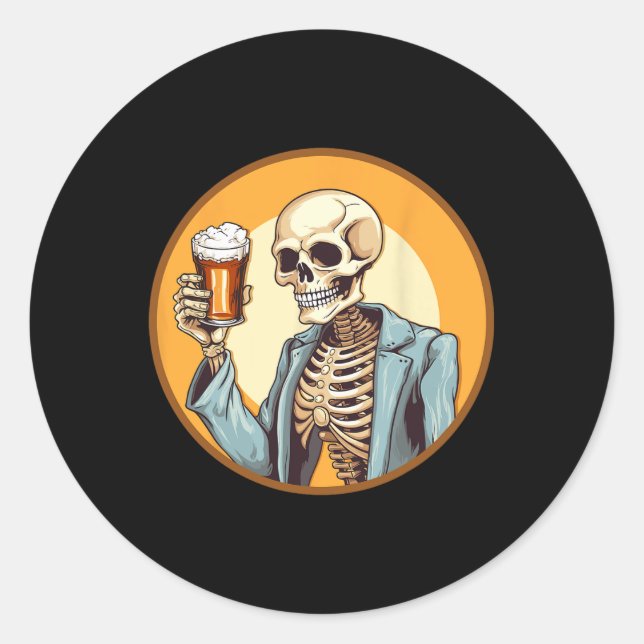 Halloween Skeleton Drinking Beer  Classic Round Sticker (Front)