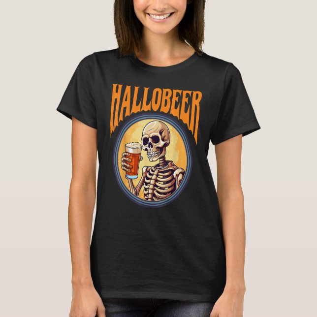 Halloween Skeleton Drinking Beer Hallobeer T-Shirt (Front)