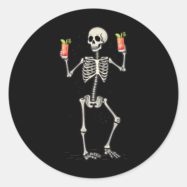Halloween Skeleton Drinking Bloody Mary Tail  Classic Round Sticker (Front)