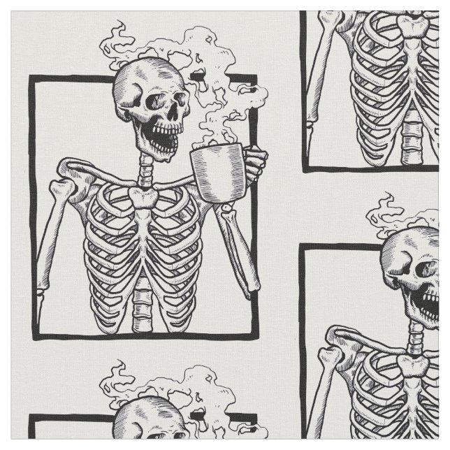 halloween skeleton drinking coffee funny fabric (Close Up)