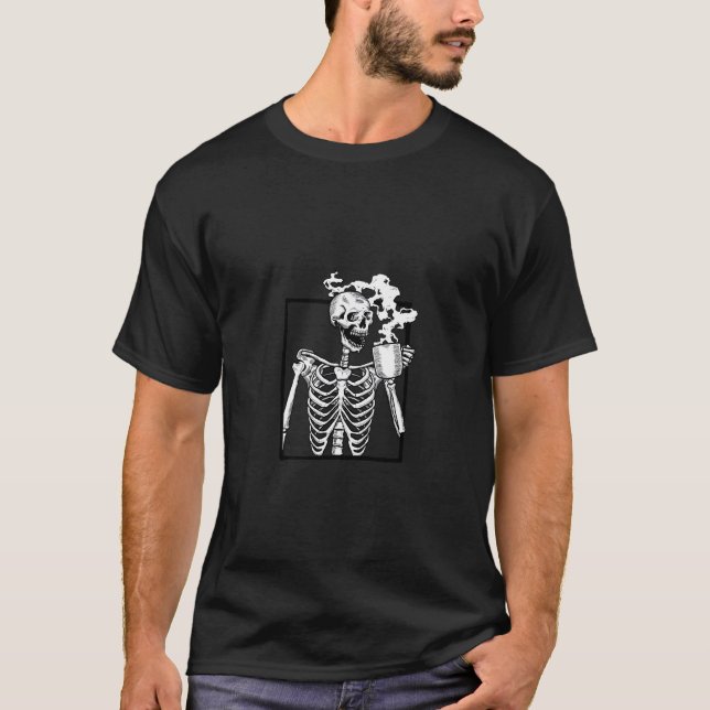Halloween Skeleton Drinking Coffee Funny Skull T-Shirt (Front)