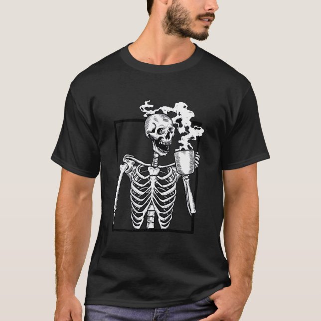 Halloween Skeleton Drinking Coffee Funny Skull T-Shirt (Front)