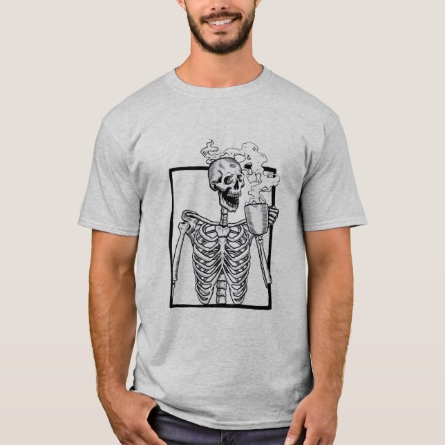 halloween skeleton drinking coffee funny T-Shirt (Front)