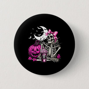 Halloween Skeleton Drinking Coffee Pink Coquette B 6 Cm Round Badge