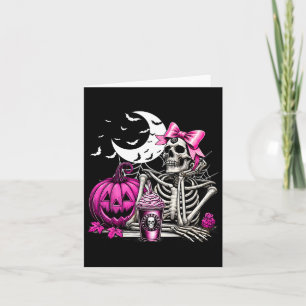 Halloween Skeleton Drinking Coffee Pink Coquette B Card
