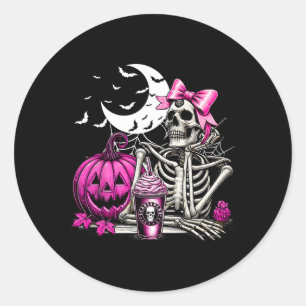 Halloween Skeleton Drinking Coffee Pink Coquette B Classic Round Sticker