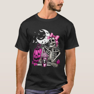 Halloween Skeleton Drinking Coffee Pink Coquette B T-Shirt